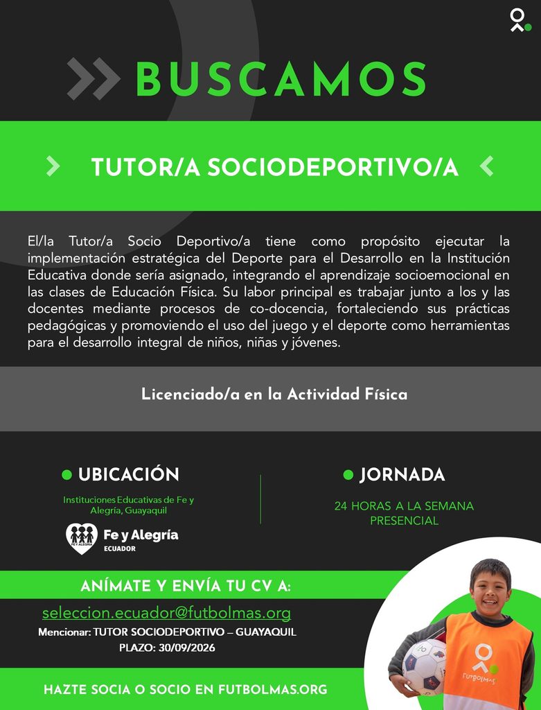 Aviso Laboral TUTOR SOCIAL Y SOCIO DEPORTIVO ECUADOR Futbolmas